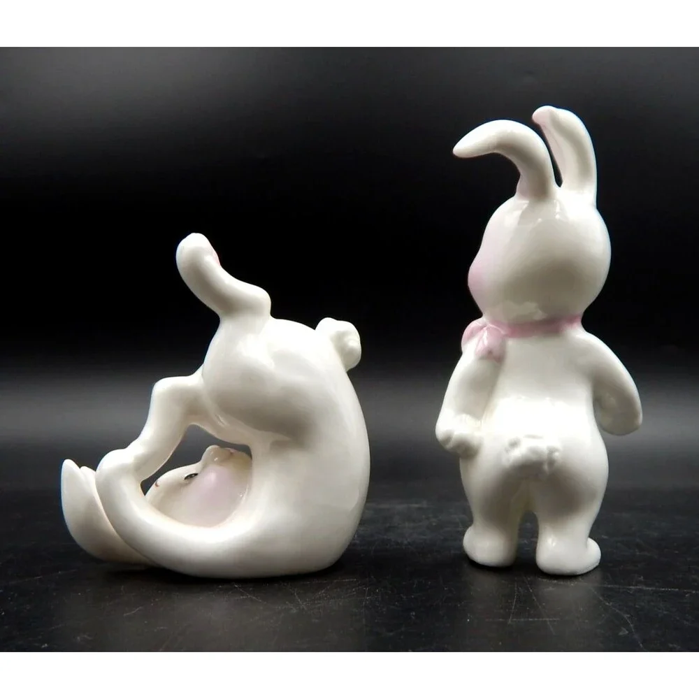 Bone China Tumbling Bunnies Rabbit Figurines 3.5 Inch White Pink Bow Taiwan